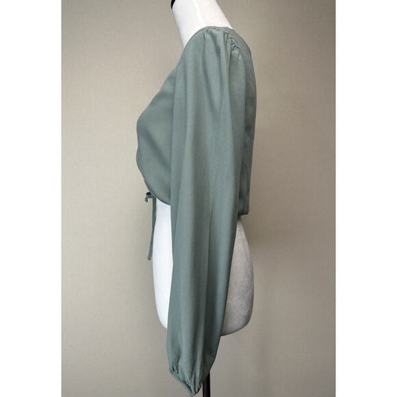 Women's Ruched Long Sleeve Crop Top Green Sz M V-Neck Blouse Drawstring - Picture 8 of 14